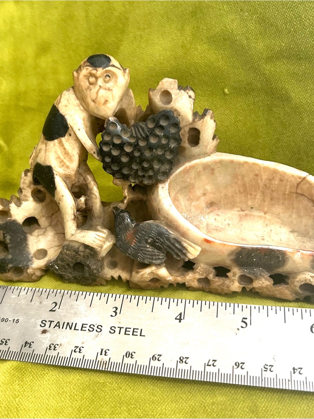 2 Vintage Hand Carved Soapstone Figurines Monkey Floral Trinket Dish/ Reservoirs